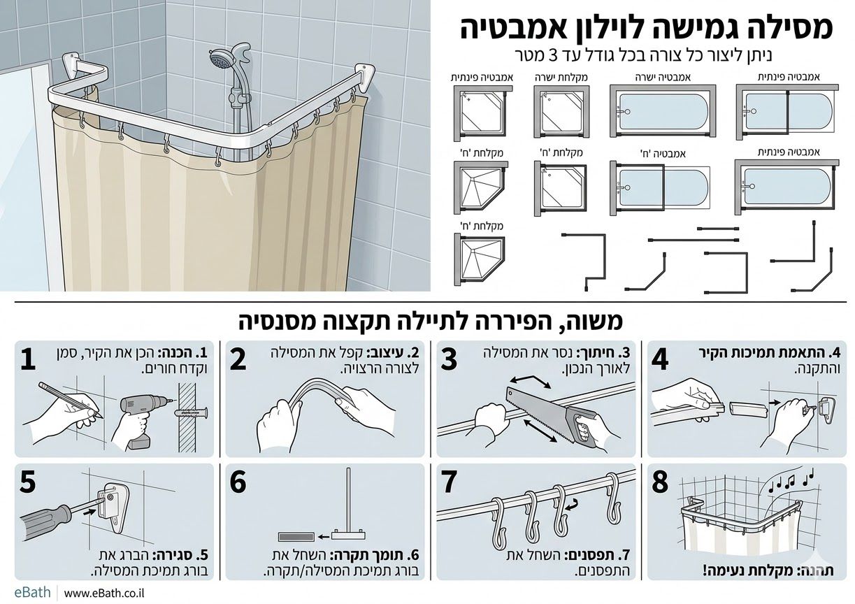 מסילה גמישה לווילון אמבטיה eBath